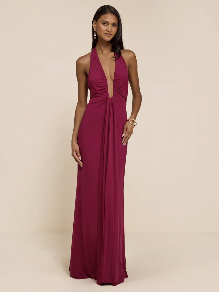 Lulus Dorena Berry Red Jersey Knit Halter Sash Maxi Dress Nwt